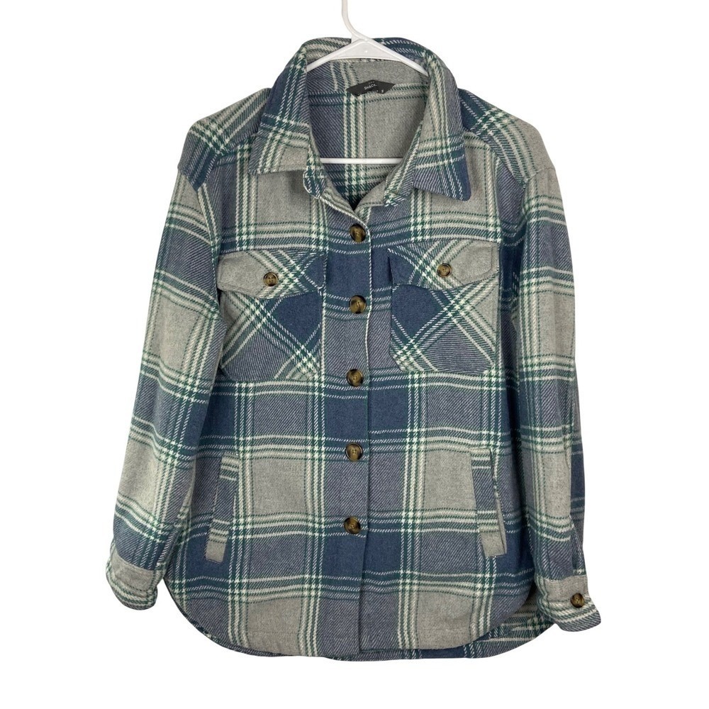 Member's Mark Plaid Shacket Everglade‎ Blue Grey Wool Blend Button Up Jacket S